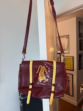 Min & Mon Maroon Tiger Accent Crossbody Bag with Yellow Trim